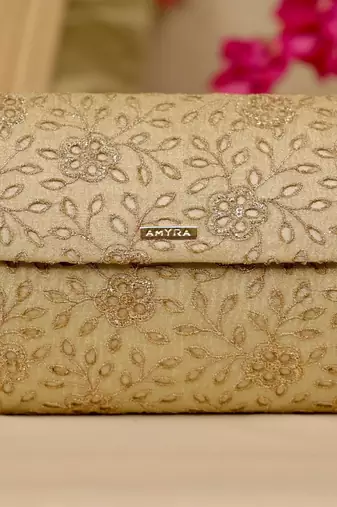 Gold floral embroidered clutch