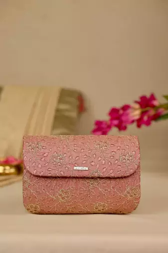Pink floral embroidered clutch