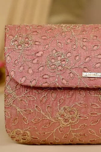 Pink floral embroidered clutch