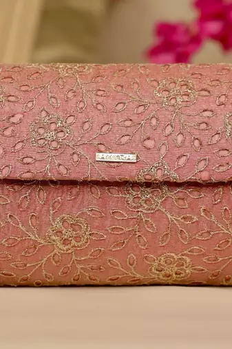 Pink floral embroidered clutch