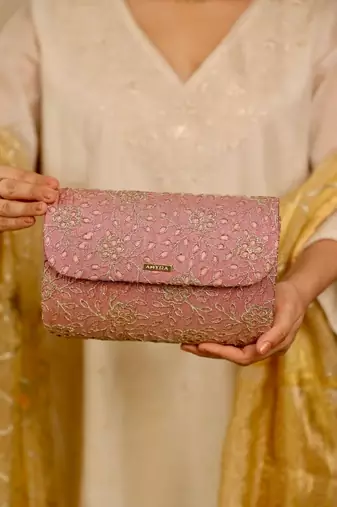 Pink floral embroidered clutch