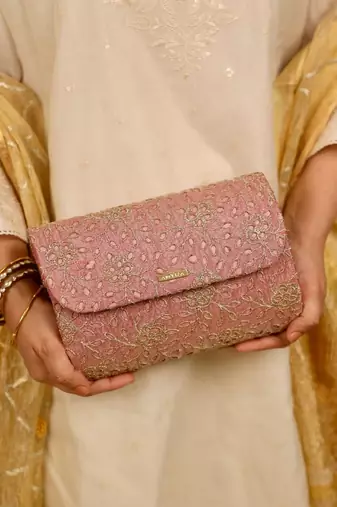 Pink floral embroidered clutch