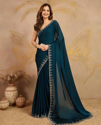 Morpeach Satin swarovski Work Saree with Unstitched Blouse  1