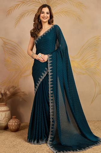 Morpeach Satin swarovski Work Saree with Unstitched Blouse 