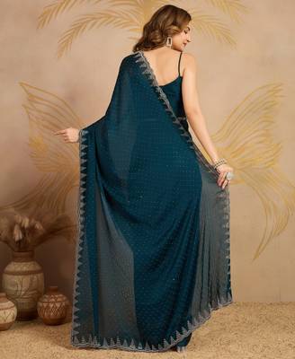 Morpeach Satin swarovski Work Saree with Unstitched Blouse  2