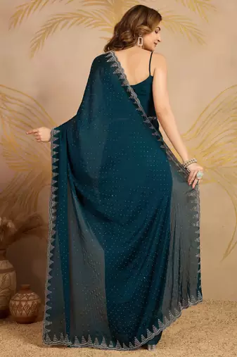 Trendmalls Morpeach Satin swarovski Work Saree with Unstitched Blouse 
