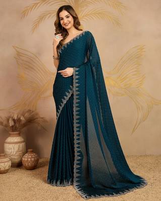 Morpeach Satin swarovski Work Saree with Unstitched Blouse  3
