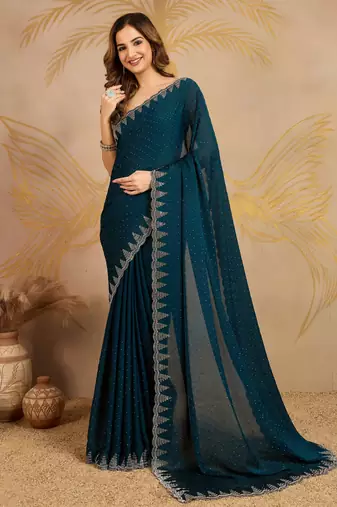 Trendmalls Morpeach Satin swarovski Work Saree with Unstitched Blouse 