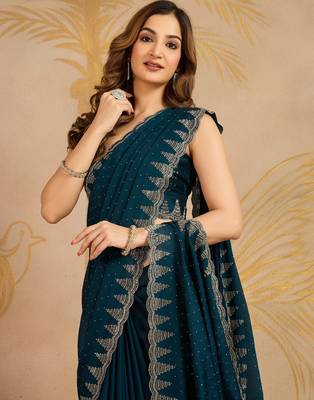 Morpeach Satin swarovski Work Saree with Unstitched Blouse  4