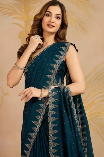 Trendmalls Morpeach Satin swarovski Work Saree with Unstitched Blouse 