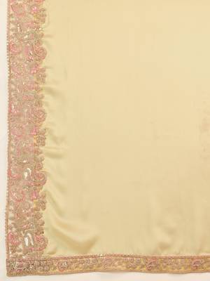 Beige Satin Sequin Embroidery Coding Work Saree with Unstitched Net Blouse  6