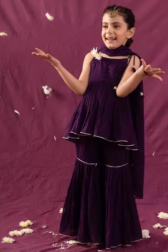 Purple mulmul strappy anarkali set -set of 3