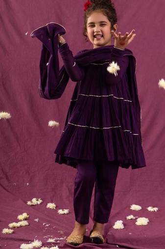 Purple mulmul multi tier anarkali set -set of 3