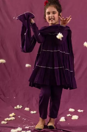 Purple mulmul multi tier anarkali set -set of 3