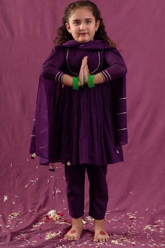 Purple anarkali mulmul suit set -set of 3