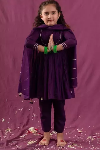 Purple anarkali mulmul suit set -set of 3