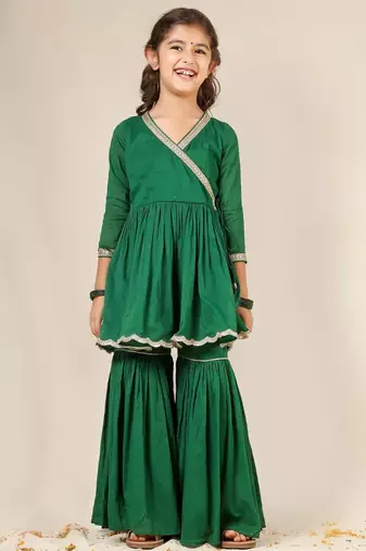 Green mulmul angrakha suit set -set of 3