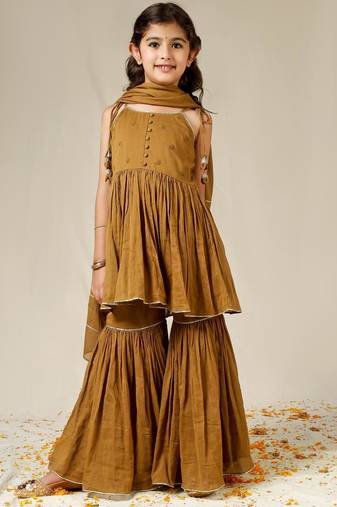 Brown mulmul strappy anarkali set -set of 3