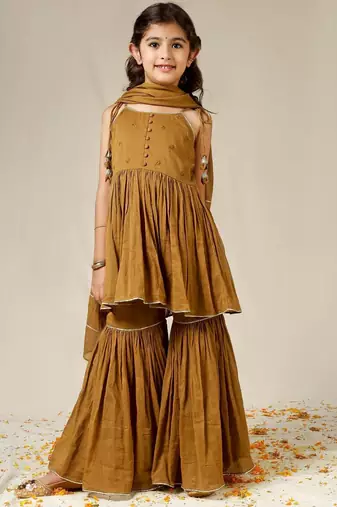 Brown mulmul strappy anarkali set -set of 3