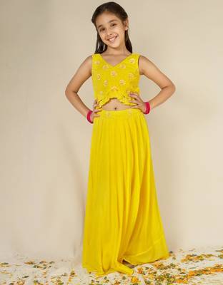Yellow solid mulmul top and skirt set- set of 3 1