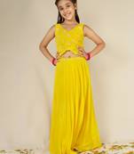 Yellow solid mulmul top and skirt set- set of 3
