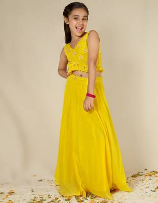 Yellow solid mulmul top and skirt set- set of 3 2