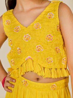 Yellow solid mulmul top and skirt set- set of 3 3