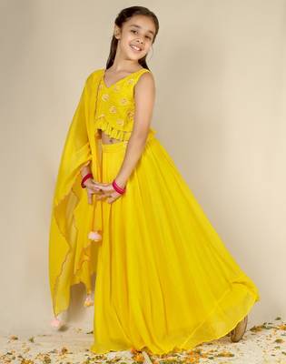 Yellow solid mulmul top and skirt set- set of 3 4