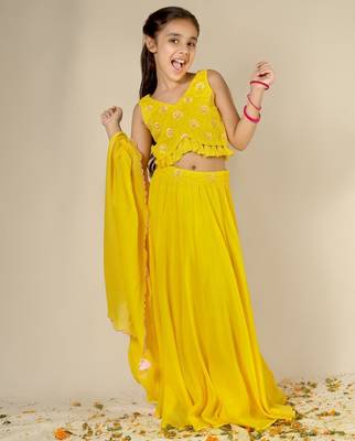 Yellow solid mulmul top and skirt set- set of 3 5