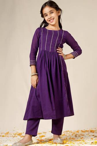 Purple mulmul plain anarkali suit set - set of 3