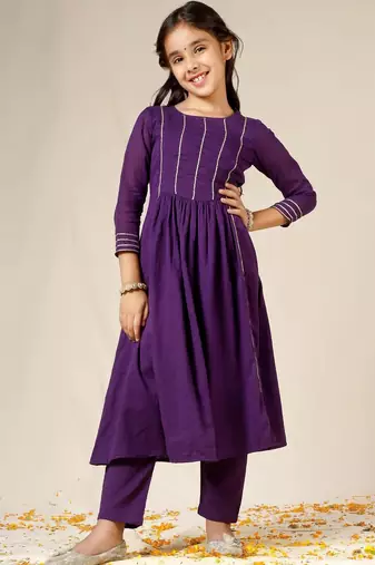 Purple mulmul plain anarkali suit set - set of 3