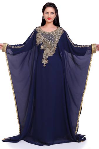 Royal Navy Blue Stitched Kaftan with Golden Handwork Embroidery – Elegant Party Wear