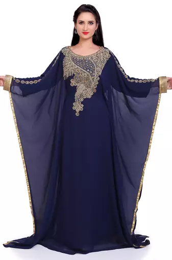 Royal Navy Blue Stitched Kaftan with Golden Handwork Embroidery – Elegant Party Wear