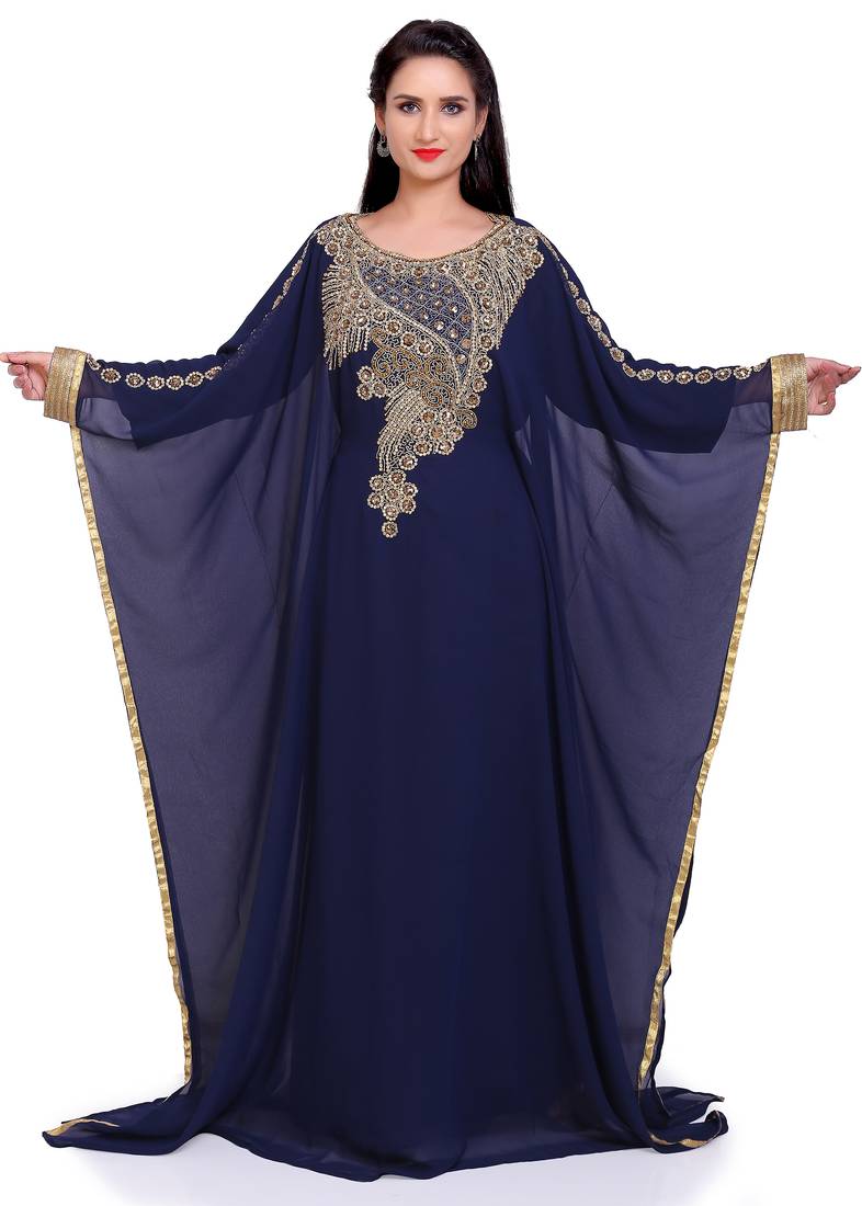 Royal Navy Blue Stitched Kaftan with Golden Handwork Embroidery – Elegant Party Wear