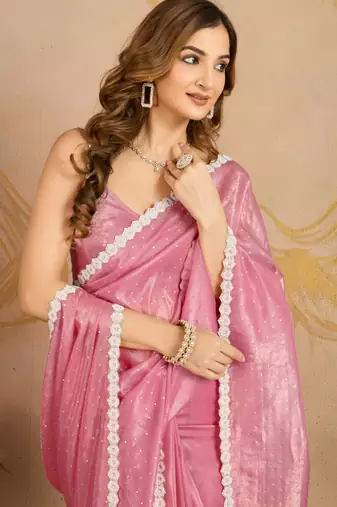 Trendmalls LightPink Art Silk swarovski Work Saree with Unstitched Blouse 