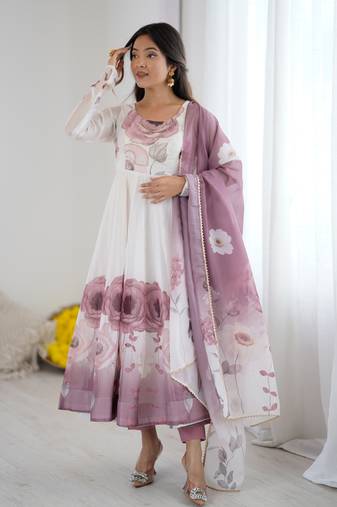 Elegant onion pink organza silk anarkali with floral jari work & dupatta set