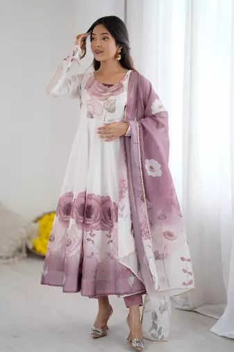 Elegant onion pink organza silk anarkali with floral jari work & dupatta set