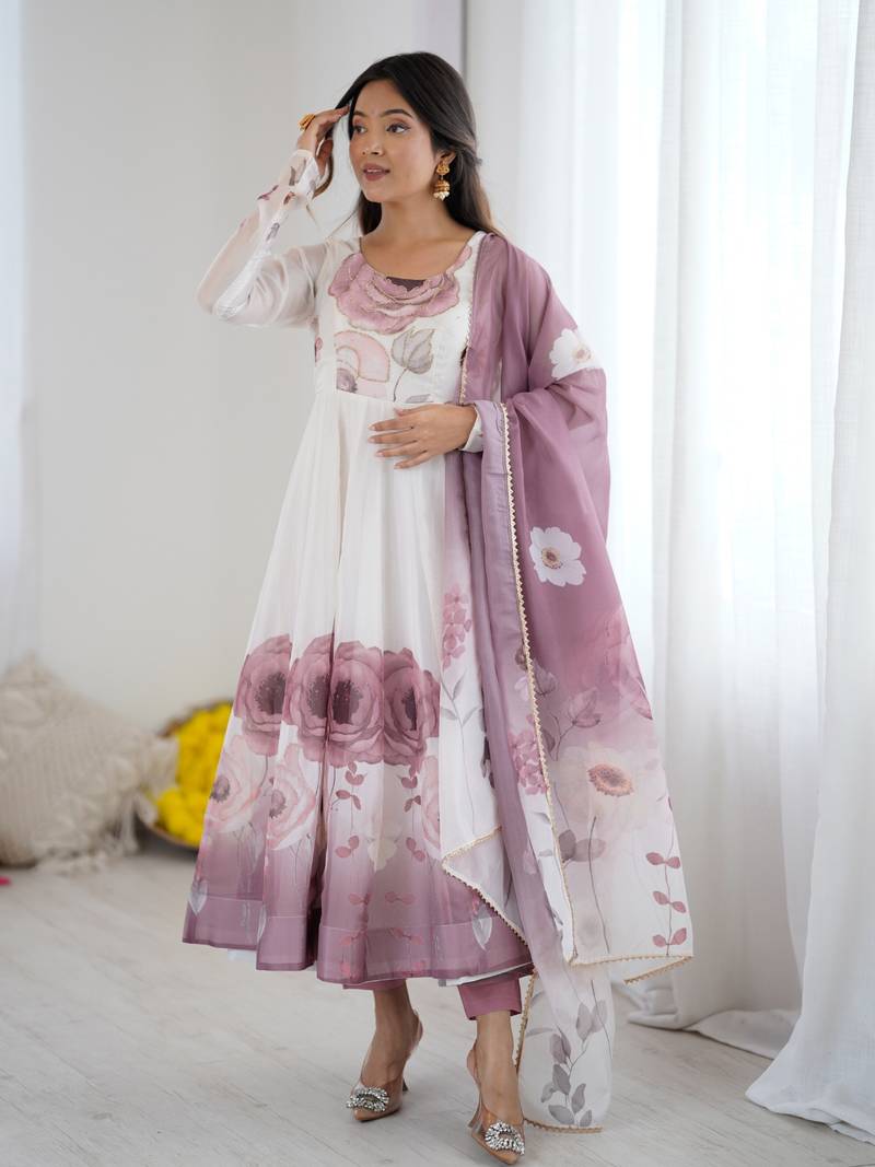 Elegant onion pink organza silk anarkali with floral jari work & dupatta set