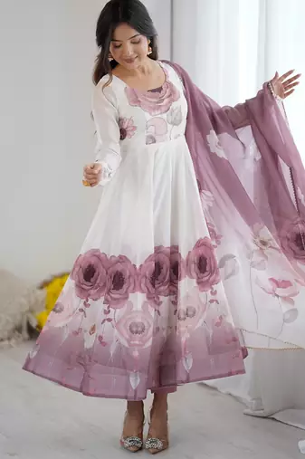 Elegant onion pink organza silk anarkali with floral jari work & dupatta set