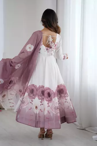 Elegant onion pink organza silk anarkali with floral jari work & dupatta set
