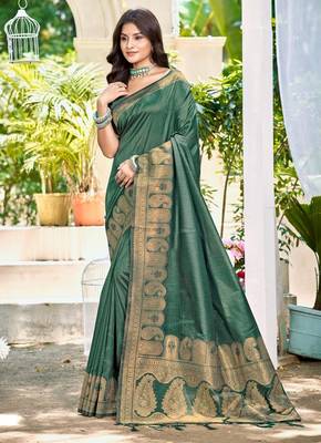 Sangam prints dark green assam silk woven work traditional saree 1