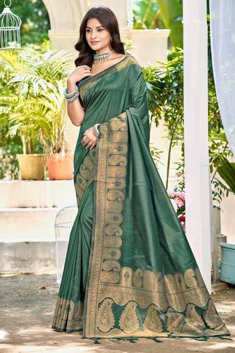 Sangam prints dark green assam silk woven work traditional saree