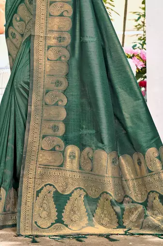 Sangam prints dark green assam silk woven work traditional saree
