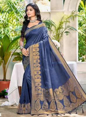 Sangam prints navy blue assam silk woven work traditional saree 1