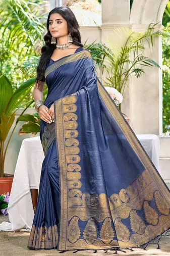 Sangam prints navy blue assam silk woven work traditional saree