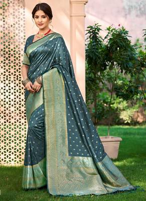 Sangam prints dark turquoise assam silk woven work traditional saree 1