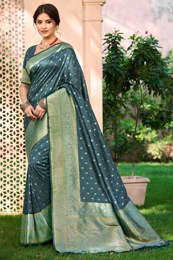 Sangam prints dark turquoise assam silk woven work traditional saree