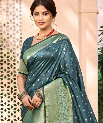 Sangam prints dark turquoise assam silk woven work traditional saree 2