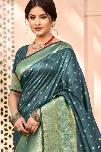 Sangam prints dark turquoise assam silk woven work traditional saree