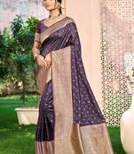 Sangam prints dark wine assam silk woven work traditional saree